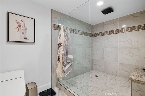 Bathroom, Glass Shower, Interior, Marble Walls, Recessed Lighting