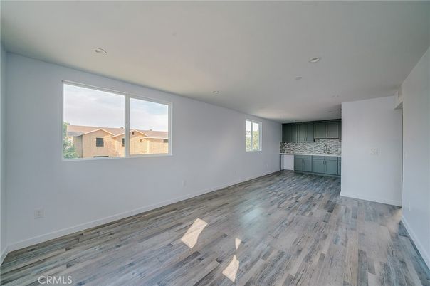 Empty room, Interior, Kitchen, Recessed Lighting, Wood Texture Flooring