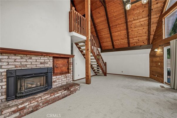 Empty room, Fireplace, Interior, Pendant Lights, Wooden Beams, Wooden Ceilings