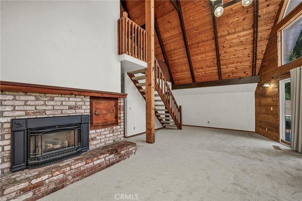 Empty room, Fireplace, Interior, Pendant Lights, Wooden Beams, Wooden Ceilings
