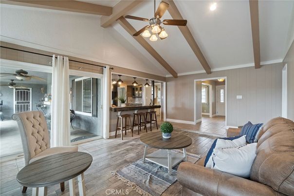 Interior, Living room, Pendant Lights, Recessed Lighting, Wooden Beams, Wood Texture Flooring