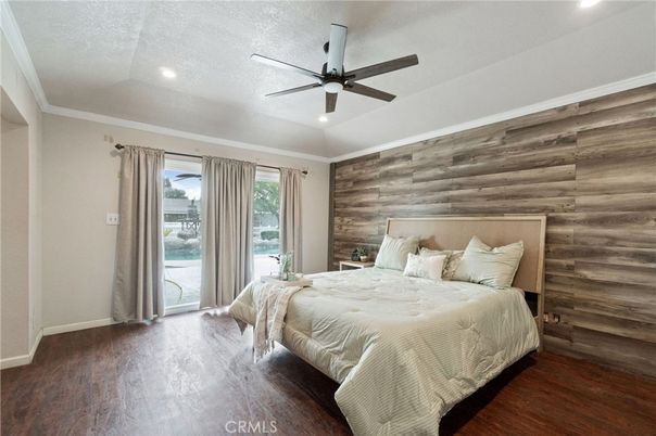 Bedroom, Interior, Recessed Lighting, Wood Texture Flooring, Wooden Walls