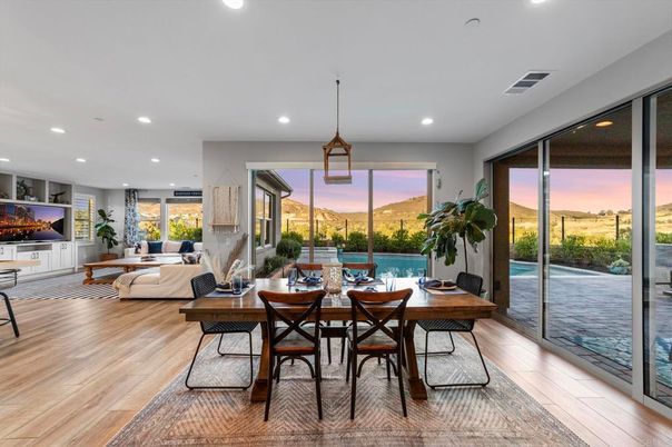 Dining room, Interior, Living room, Pendant Lights, Recessed Lighting, Wood Texture Flooring