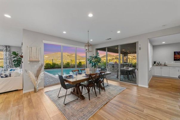 Dining room, Interior, Pendant Lights, Recessed Lighting, Wood Texture Flooring