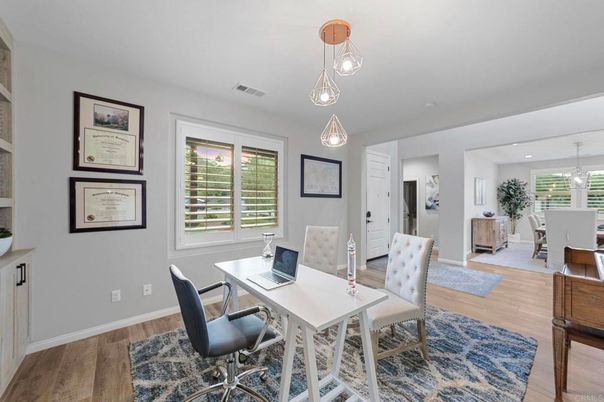 Home Office, Interior, Pendant Lights, Recessed Lighting, Wood Texture Flooring