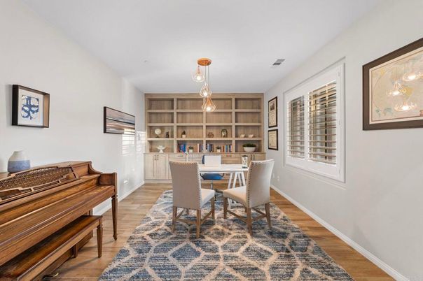 Dining room, Interior, Pendant Lights, Piano, Wood Texture Flooring