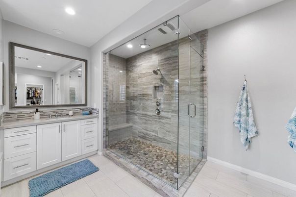Bathroom, Dual Sink Vanities, Glass Shower, Interior, Recessed Lighting