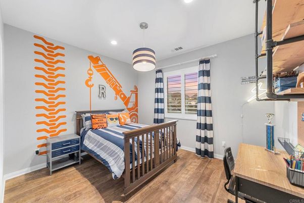 Bedroom, Interior, Pendant Lights, Recessed Lighting, Wood Texture Flooring
