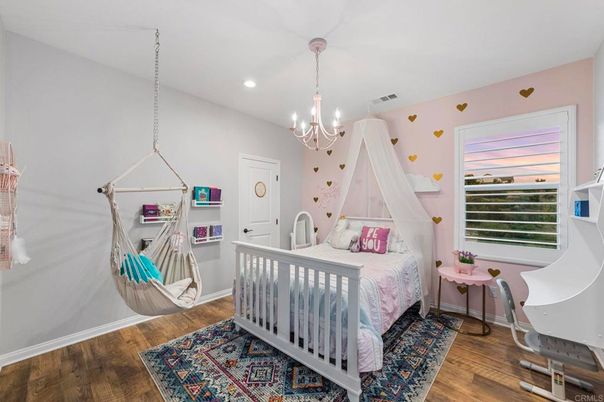 Bedroom, Chandelier, Interior, Pendant Lights, Recessed Lighting, Wood Texture Flooring