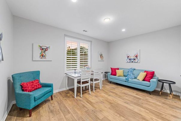 Dining room, Interior, Recessed Lighting, Wood Texture Flooring