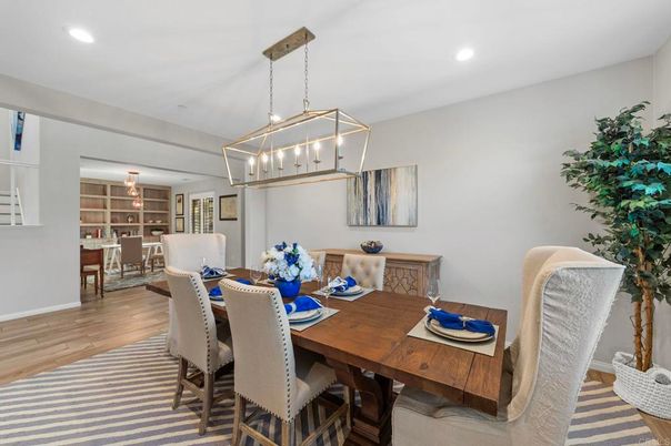 Dining room, Interior, Pendant Lights, Recessed Lighting, Wood Texture Flooring