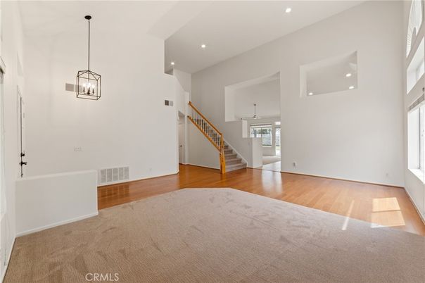 Empty room, Interior, Pendant Lights, Recessed Lighting, Wood Texture Flooring