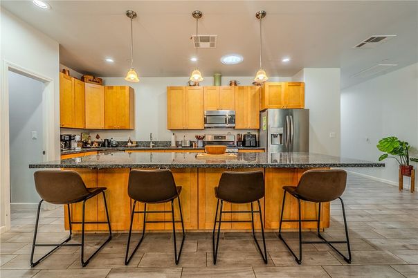 Interior, Kitchen, Pendant Lights, Recessed Lighting, Stainless Steel Appliances, Wood Texture Flooring