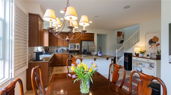 Chandelier, Dining room, Interior, Kitchen, Recessed Lighting, Stainless Steel Appliances, Wood Texture Flooring