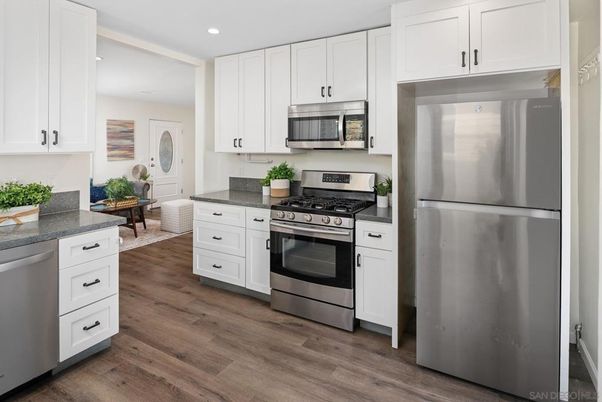 Interior, Kitchen, Recessed Lighting, Stainless Steel Appliances, Wood Texture Flooring
