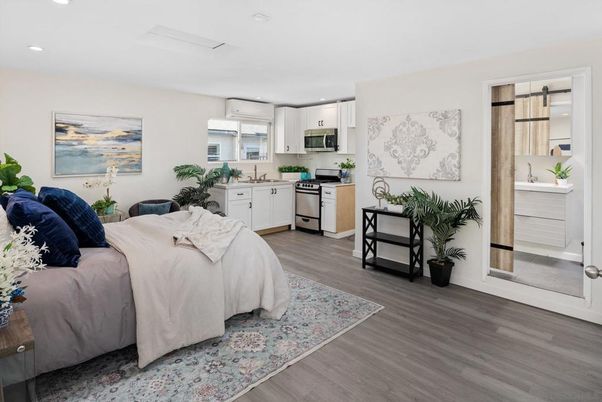 Bedroom, Interior, Kitchen, Recessed Lighting, Stainless Steel Appliances, Wood Texture Flooring