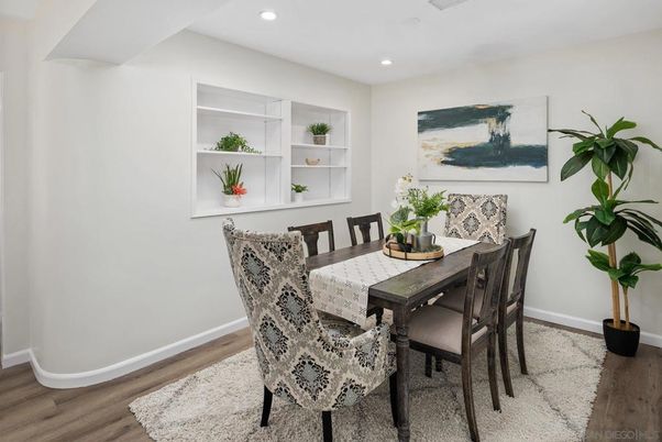 Dining room, Interior, Recessed Lighting, Wood Texture Flooring