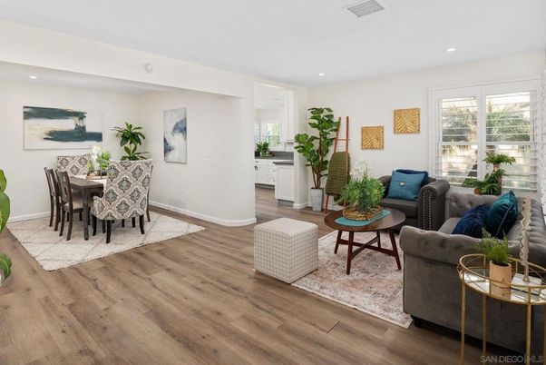 Dining room, Interior, Living room, Recessed Lighting, Wood Texture Flooring