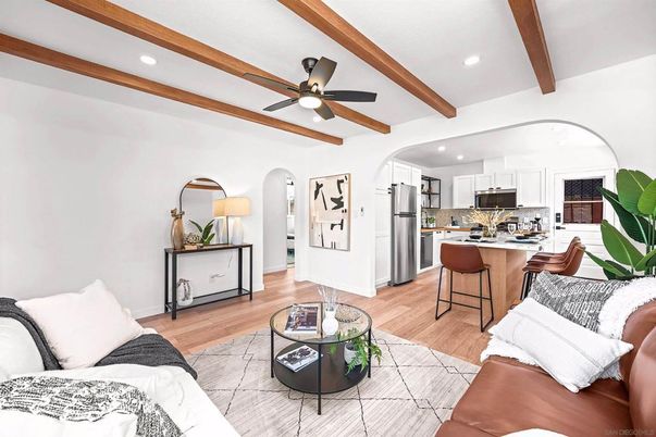 Interior, Kitchen, Living room, Recessed Lighting, Stainless Steel Appliances, Wooden Beams, Wood Texture Flooring