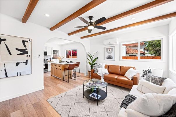 Interior, Kitchen, Living room, Recessed Lighting, Wooden Beams, Wood Texture Flooring