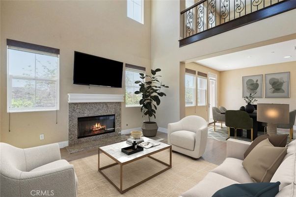 Dining room, Fireplace, Interior, Living room, Recessed Lighting, Wood Texture Flooring