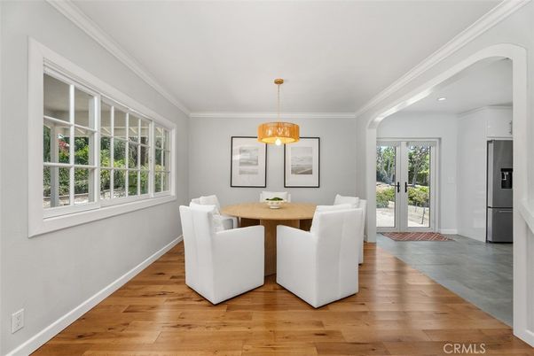 Dining room, Interior, Pendant Lights, Recessed Lighting, Wood Texture Flooring