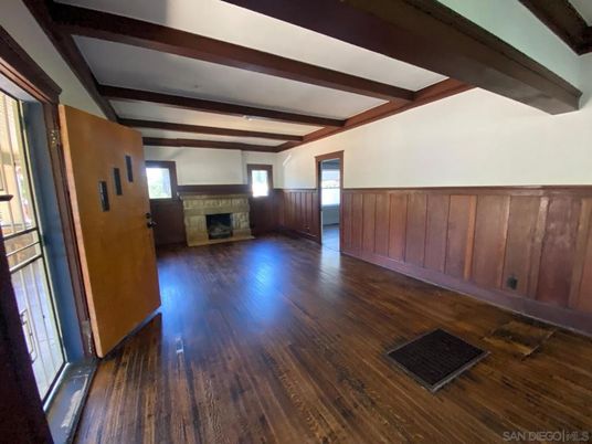 Empty room, Fireplace, Interior, Wooden Beams, Wood Texture Flooring
