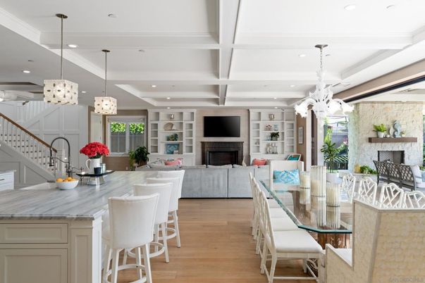Chandelier, Dining room, Fireplace, Interior, Living room, Pendant Lights, Recessed Lighting, Wood Texture Flooring