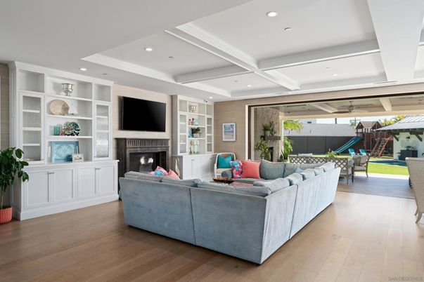 Dining room, Fireplace, Interior, Living room, Recessed Lighting, Wood Texture Flooring