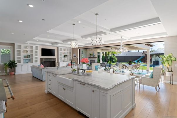 Chandelier, Dining room, Fireplace, Interior, Kitchen, Living room, Pendant Lights, Recessed Lighting, Wood Texture Flooring