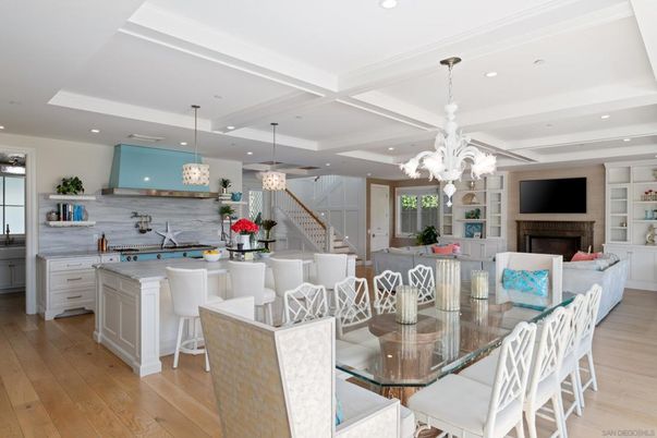 Chandelier, Dining room, Fireplace, Interior, Kitchen, Living room, Pendant Lights, Recessed Lighting, Wood Texture Flooring