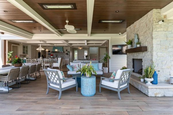 Chandelier, Dining room, Fireplace, Interior, Living room, Recessed Lighting, Stone Walls, Wooden Ceilings, Wood Texture Flooring