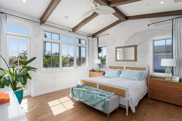 Bedroom, Interior, Recessed Lighting, Wooden Beams, Wood Texture Flooring