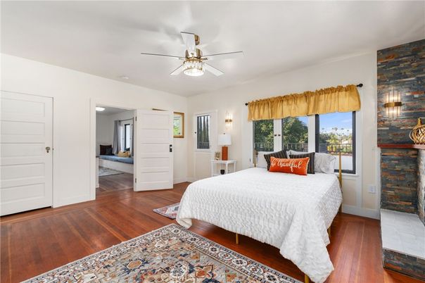 Bedroom, Fireplace, Interior, Wood Texture Flooring