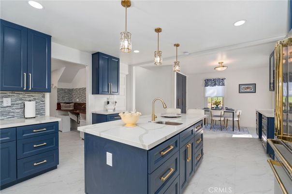 Dining room, Interior, Kitchen, Marble, Pendant Lights, Recessed Lighting, Stainless Steel Appliances