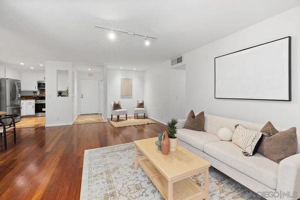 Interior, Kitchen, Living room, Recessed Lighting, Stainless Steel Appliances, Wood Texture Flooring