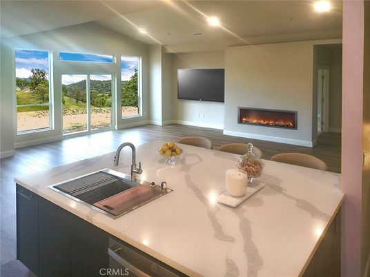 Fireplace, Interior, Kitchen, Recessed Lighting, Wood Texture Flooring