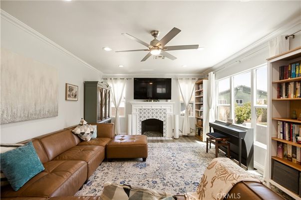 Fireplace, Interior, Living room, Recessed Lighting, Wood Texture Flooring