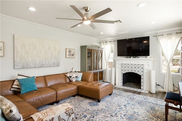 Fireplace, Interior, Living room, Recessed Lighting, Wood Texture Flooring