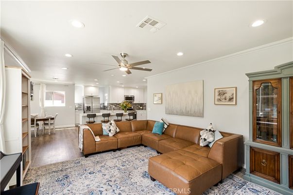 Dining room, Interior, Kitchen, Living room, Recessed Lighting, Stainless Steel Appliances, Wood Texture Flooring
