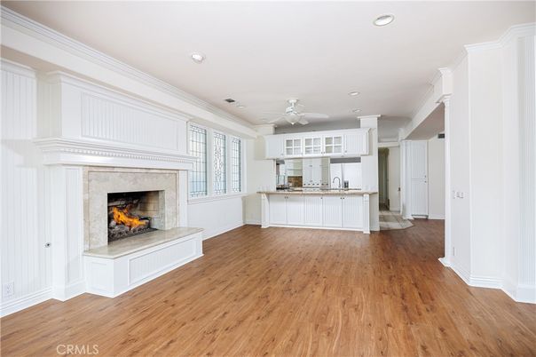Fireplace, Interior, Recessed Lighting, Wood Texture Flooring