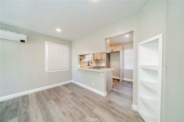 Empty room, Interior, Kitchen, Recessed Lighting, Wood Texture Flooring
