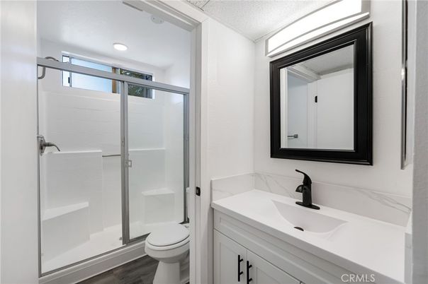 Bathroom, Glass Shower, Interior, Recessed Lighting, Wood Texture Flooring
