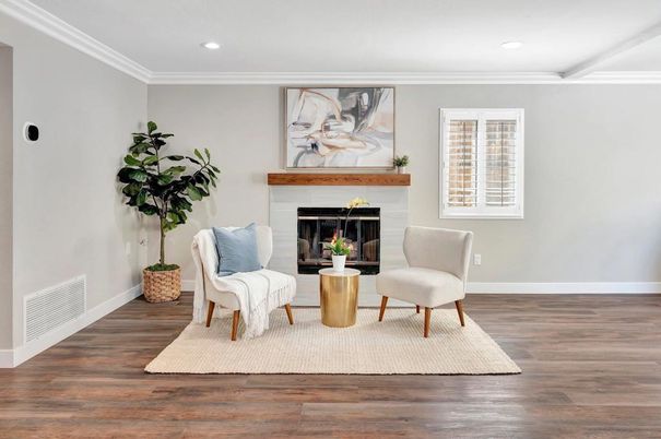Fireplace, Interior, Recessed Lighting, Wood Texture Flooring