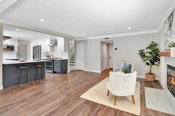 Fireplace, Interior, Kitchen, Recessed Lighting, Stainless Steel Appliances, Wood Texture Flooring