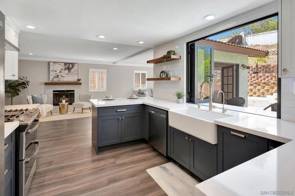 Fireplace, Interior, Kitchen, Living room, Recessed Lighting, Wood Texture Flooring