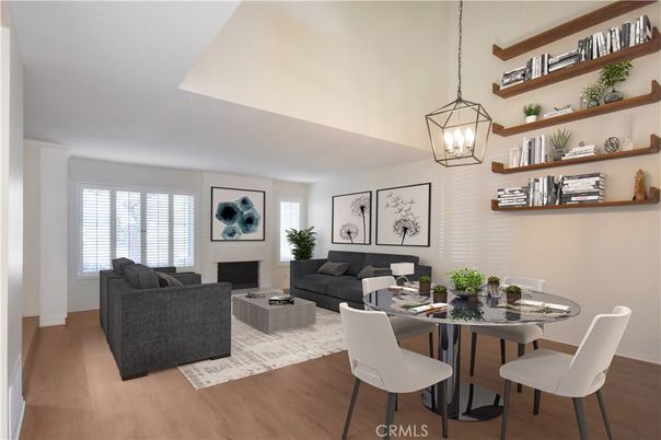 Dining room, Fireplace, Interior, Living room, Pendant Lights, Wood Texture Flooring