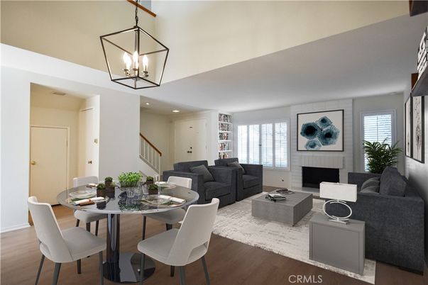 Dining room, Fireplace, Interior, Living room, Pendant Lights, Recessed Lighting, Wood Texture Flooring