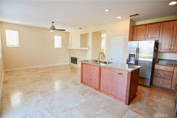 Fireplace, Interior, Kitchen, Recessed Lighting, Stainless Steel Appliances