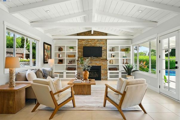 Fireplace, Interior, Living room, Recessed Lighting, Stone Walls